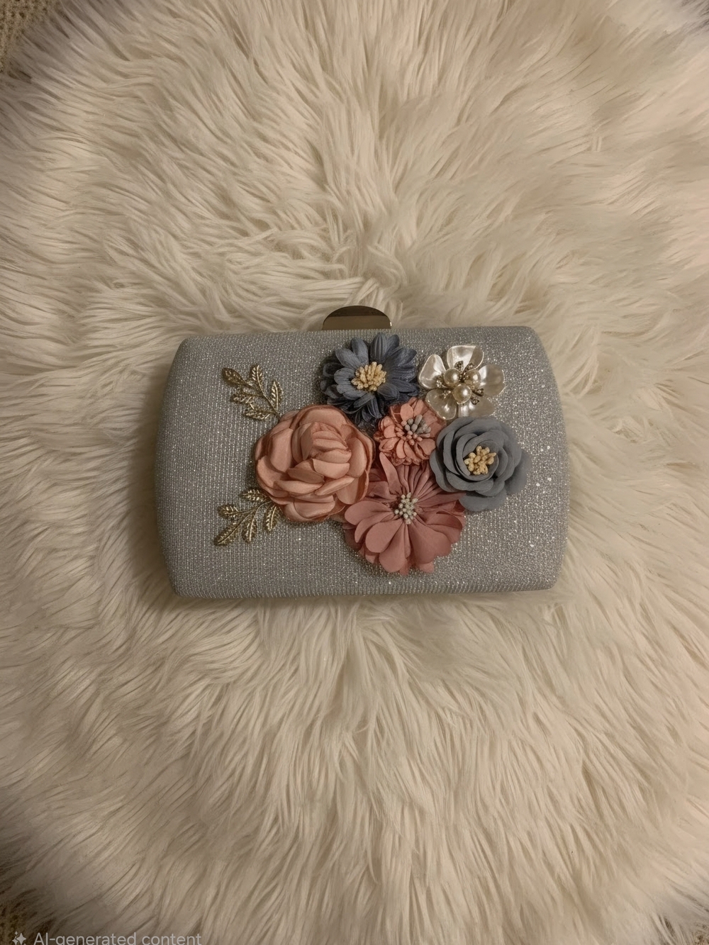 Floral Embellished Silver Evening Clutch - Elegant Women’s Bag